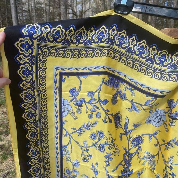 Talbots Satin Yellow Blue Vintage Floral Square Scarf - Picture 3 of 6